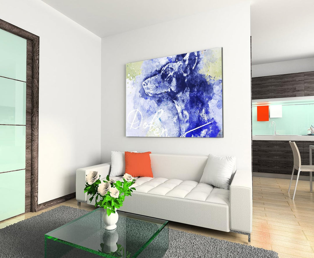 Paul Sinus Art Bild Leinwand 120x80cm Dobermann im Seitenprofil in Blautönen mit Kalligraphie, 120x8