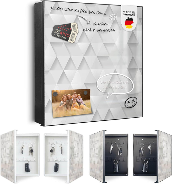 banjado® Grosser Schlüsselkasten Glas/Schlüsselbox 30cm x 30cm mit 50 Haken - Motiv Weisse Dreiecke/