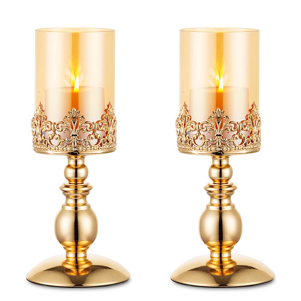 NUPTIO Säulenkerzenhalter mit Glas, 2er Set Hurricane-Kerzenhalter aus Gold Moderne Wohnkultur Gesch