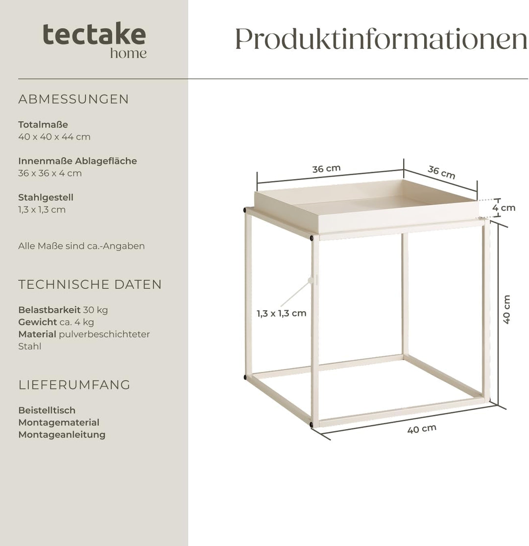TecTake 800910 Beistelltisch aus Metall, quadratisch, stapelbar, Ablagefläche mit hohem Rand, Tablet
