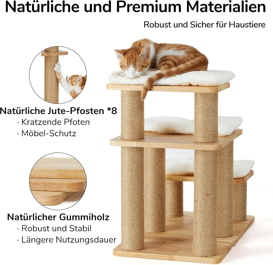 FUKUMARU Hundetreppe, 3 Stufen Haustiertreppe, Katzentreppe aus natürlichem Gummiholz und Jute，18-51