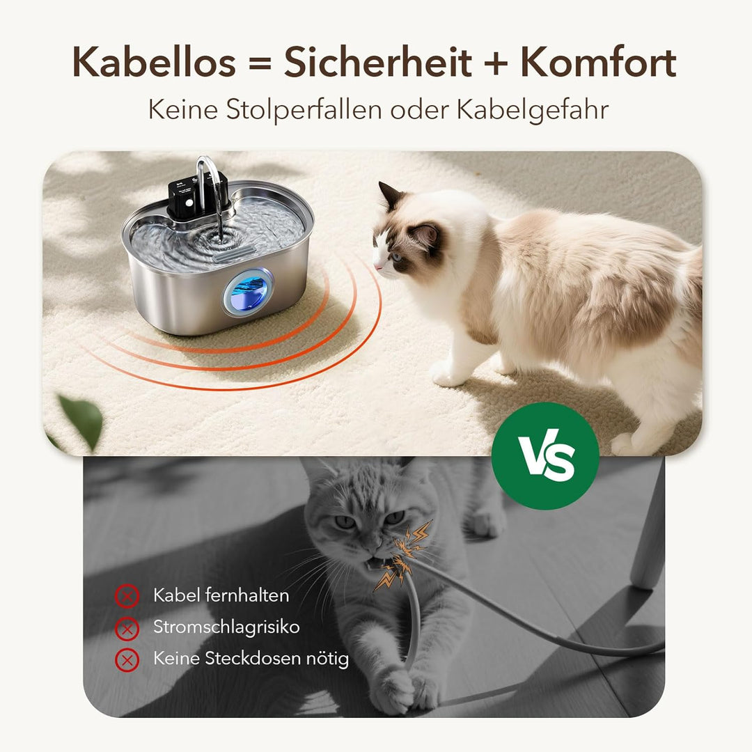 Kabelloser Katzenbrunnen aus Edelstahl, 3,2L – Batteriebetriebener Wasserspender mit Bewegungssensor