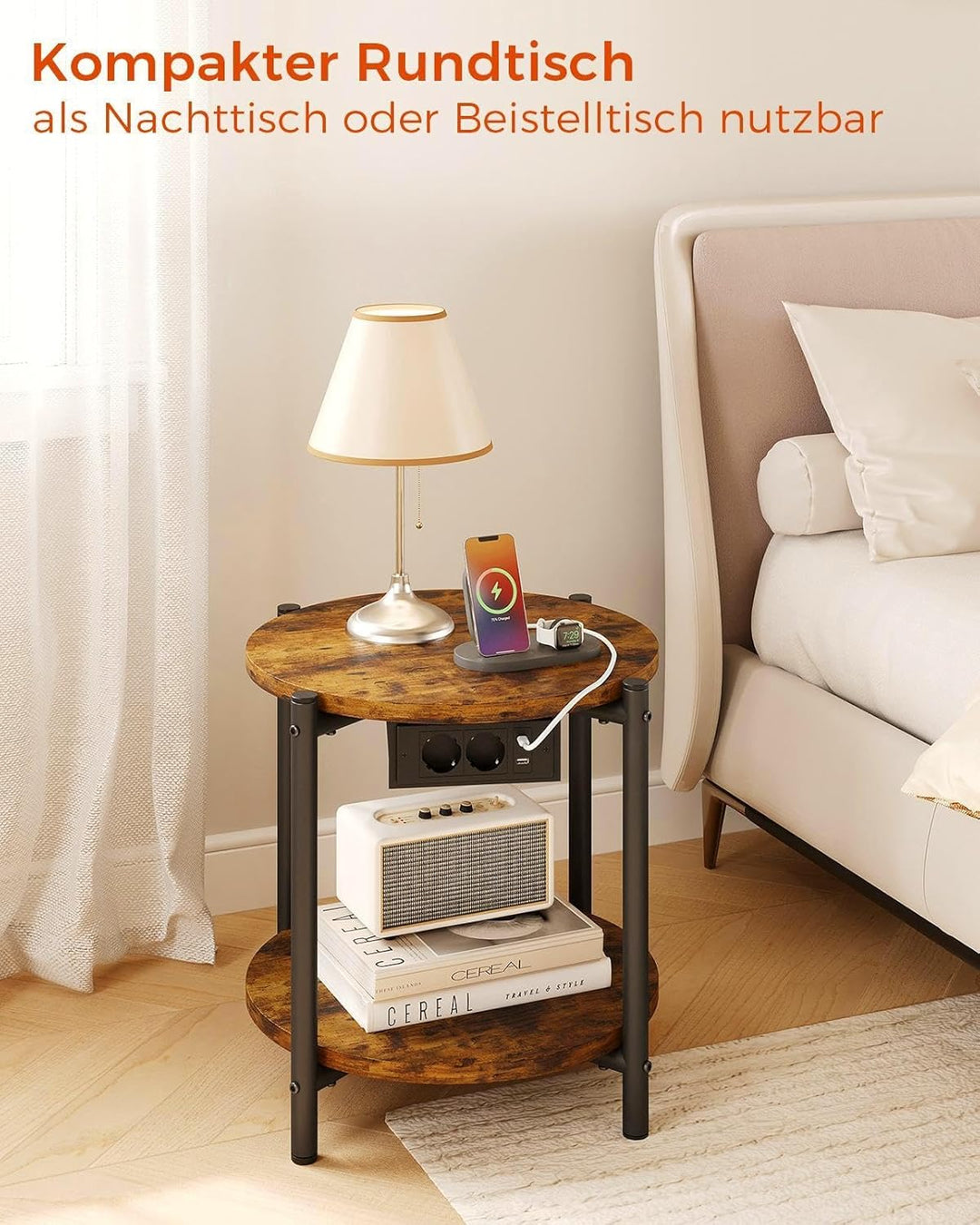 IRONCK Beistelltisch rund, Couchtisch mit Steckdose, Kleiner Tisch Holz, Wohnzimmertisch 2 Ablagen,S