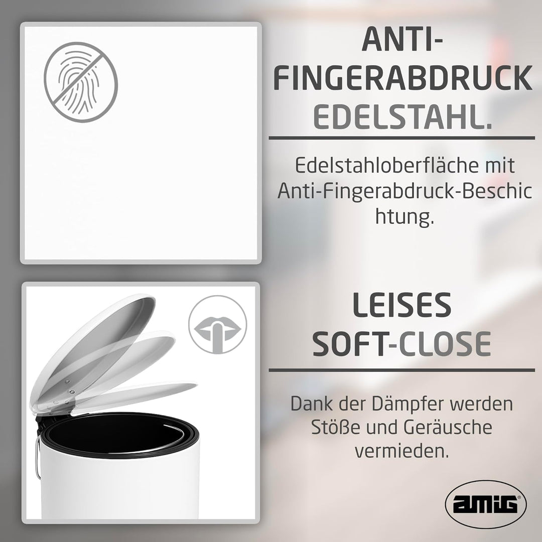 Amig - Kosmetikeimer mit Pedal 3L Tacto - Weiss - Hygienische Öffnung - Ø16,8 x 25,5 cm - Lackierter