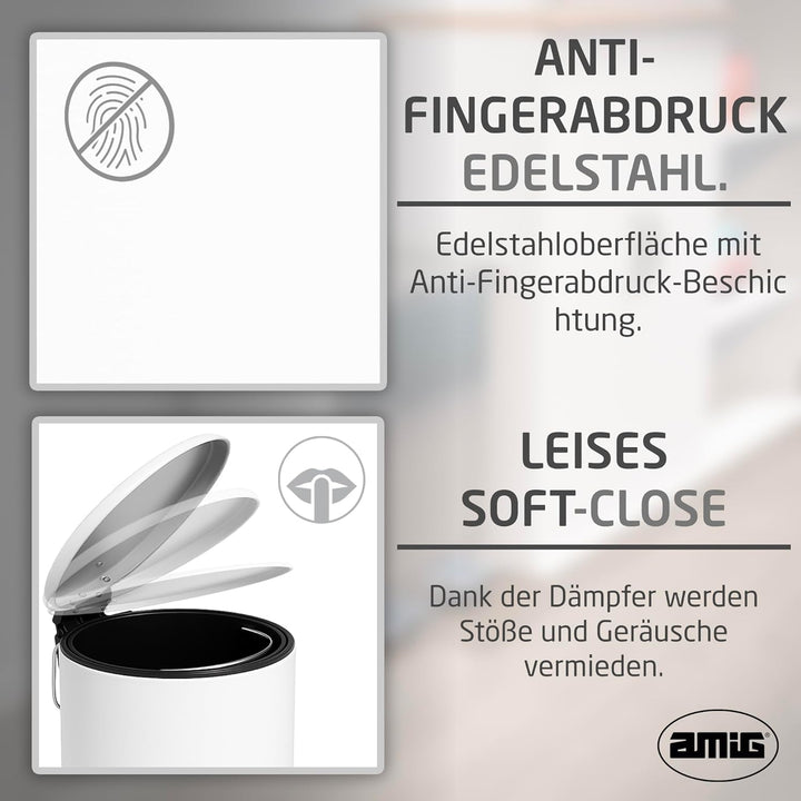 Amig - Kosmetikeimer mit Pedal 3L Tacto - Weiss - Hygienische Öffnung - Ø16,8 x 25,5 cm - Lackierter