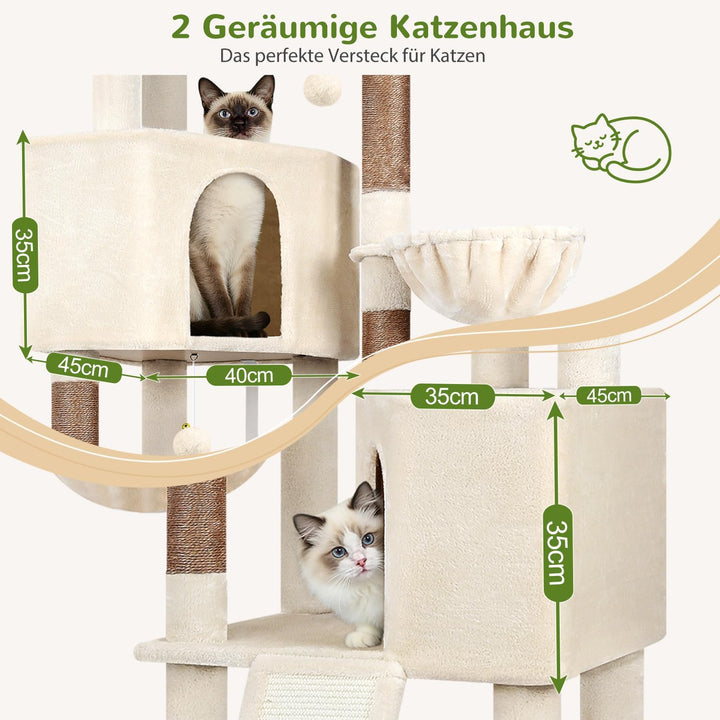 Globlazer Kratzbaum Beige XL Hoch 177cm mit 2 Grosser Katzenhaus, Kratzrampe Sisal, Gepolsterte Plat