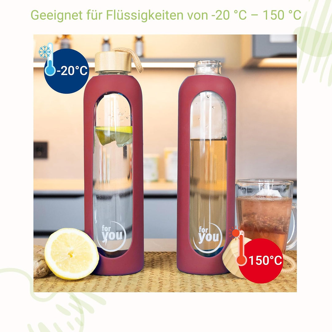 for you Nachhaltige Trinkflasche | 1000ml aus Glas mit Silikonhülle &amp; spülmaschinenfest | 1Liter Aus