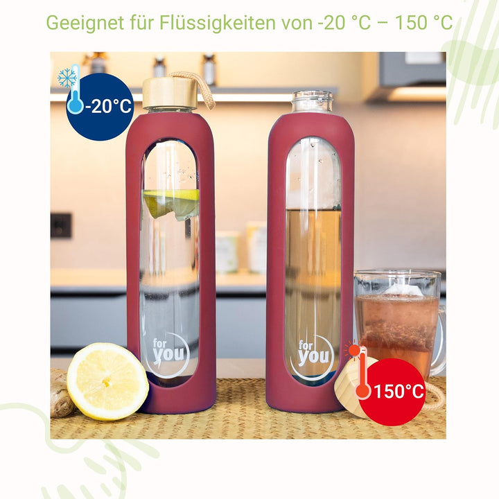 for you Nachhaltige Trinkflasche | 1000ml aus Glas mit Silikonhülle &amp; spülmaschinenfest | 1Liter Aus