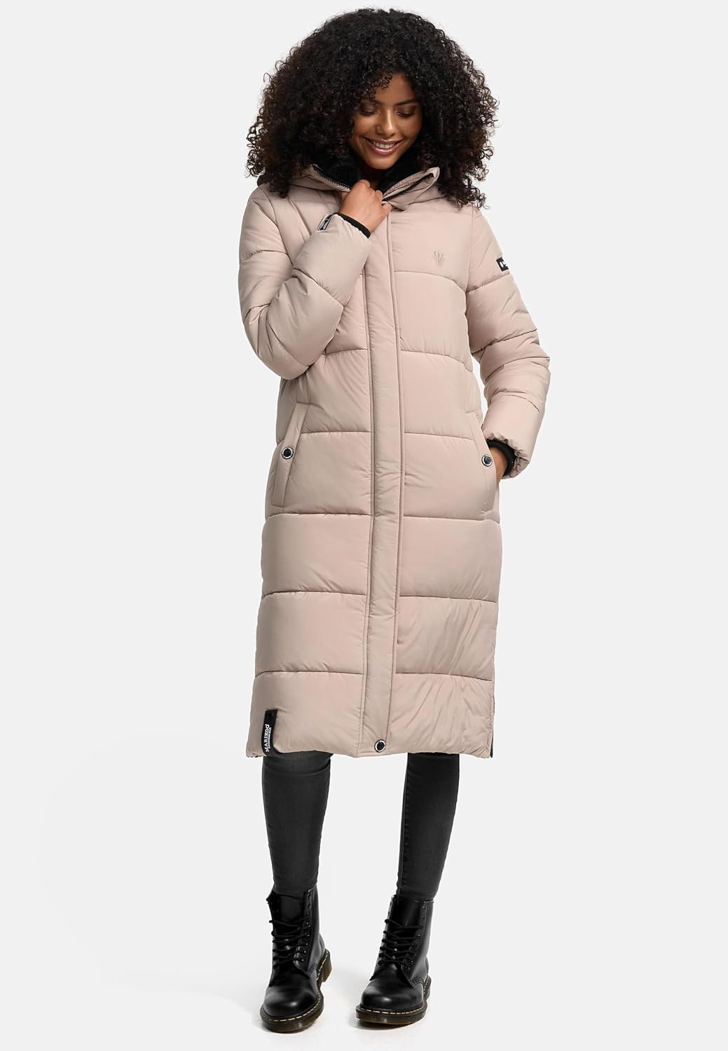 MARIKOO Damen Wintermantel warmer Steppmantel lang mit abnehmbarer Kapuze Reliziaa XS-3XL S Taupe, S