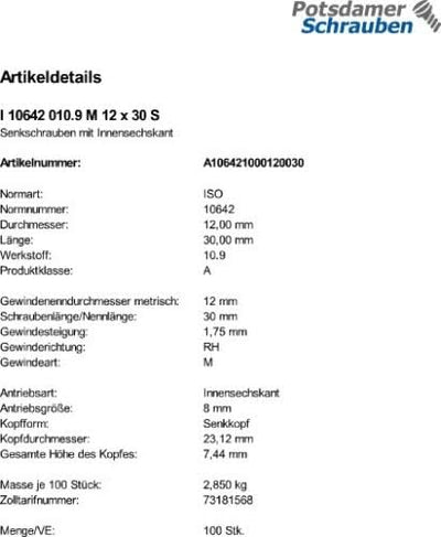 100 Innensechskant Senkkopfschrauben ISO 10642 10.9 schwarz M12x30