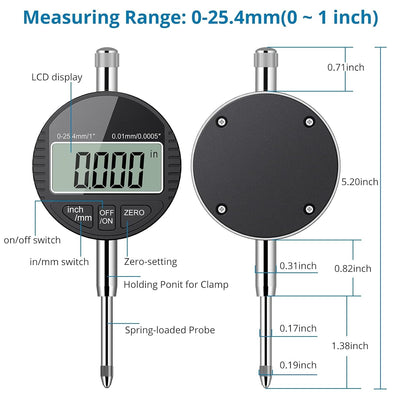 AUTOUTLET Digitale Messuhr 0.01/0.0005'', digitale Messuhr Messtaster 0-25.4mm/1'' Messbereich, mit