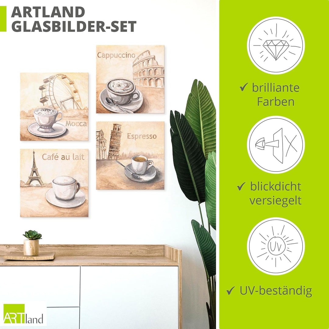 ARTland Glasbilder Wandbild Glas Bild Set 4 teilig je 20x20 cm Quadratisch Kaffee Cafe Coffee Cappuc