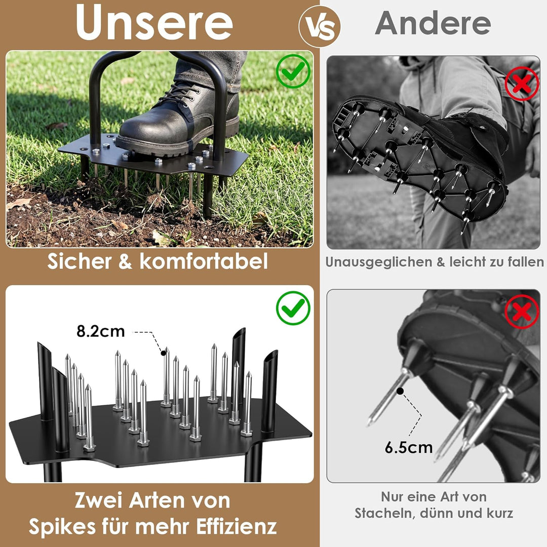 Rasenbelüfter, Aerifizierer für Rasen mit Massiven Stahlnadeln & Hohlnadeln, Rasenlüfter mit Breiter