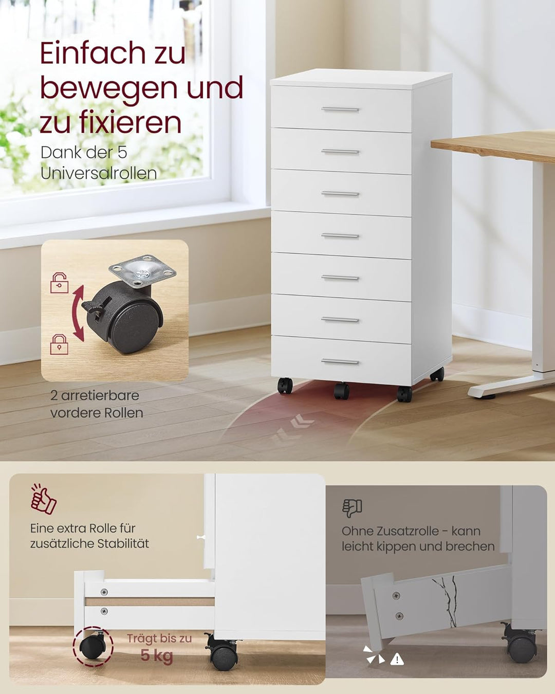 VASAGLE Rollcontainer, mobiler Aktenschrank, Schubladenschrank, Druckerständer mit 7 Schubladen, mit