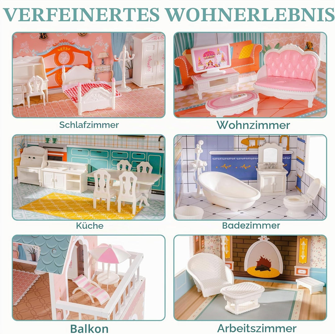 ROBUD Puppenhaus aus Holz mit Möbeln und Zubehör Mädchen Häuser Spielhaus Spielraum Spielzeug für Ki