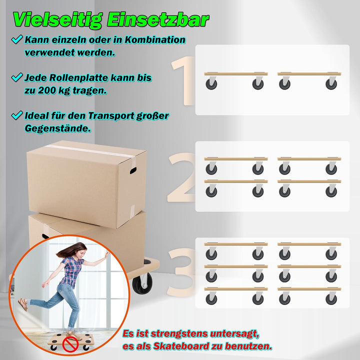 VA-Cerulean Rollbrett 4 Stück Transportroller Möbelroller mit Gummipads Rollbretter max. 200 kg Trag