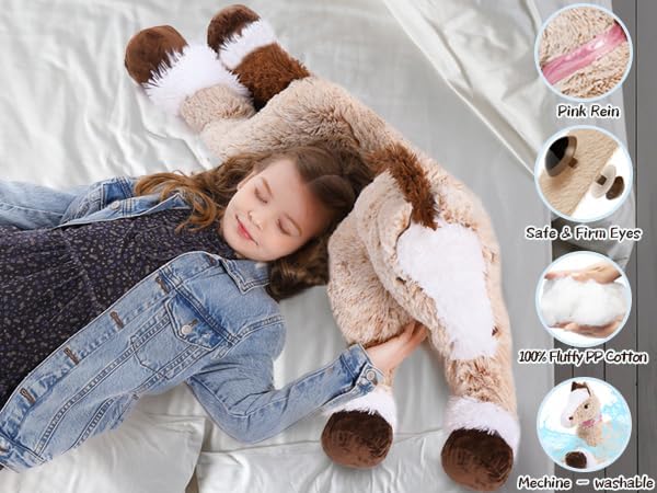 MorisMos 120cm lang riesen Pferd Kuscheltier XXL,Hellbraun gross Pony Pferd Plüschtier Stofftier,Geb