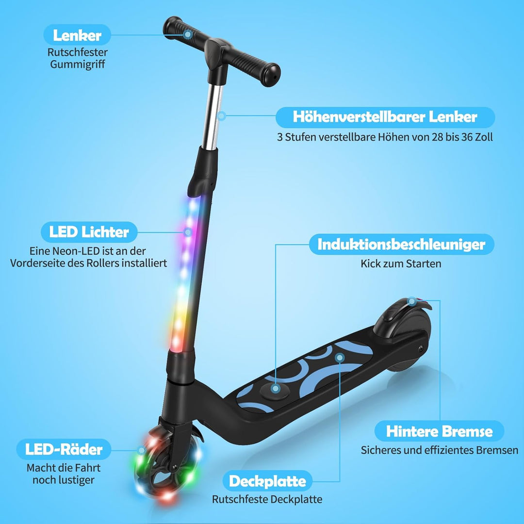 SISIGAD E Scooter Kinder für 6-12 Jahre, E Roller Kinder 5.3 Zoll Kinderroller mit Blinkende LED-Leu