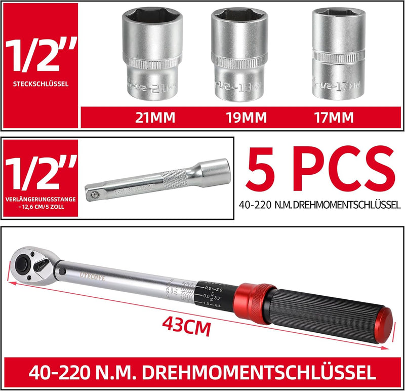 UYECOVE Drehmomentschlüssel 1/2 Zoll, 40-220 Nm Drehmomentschlüssel Auto 5 Stk. ± 3% Fehlergenauigk