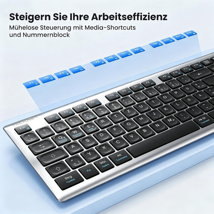 TECKNET Tastatur Maus Set Kabellos, 2.4G Wiederaufladbare Maus und Tastatur | Fullsize Deutsch QWERT