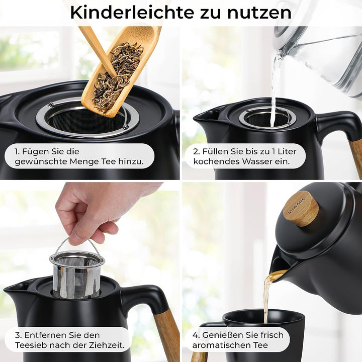 MIAMIO-Teeservice mit Teekanne Keramik (1l) mit Stövchen (Schwarz) | Teeset Teekanne &amp; Stövchen, Tee