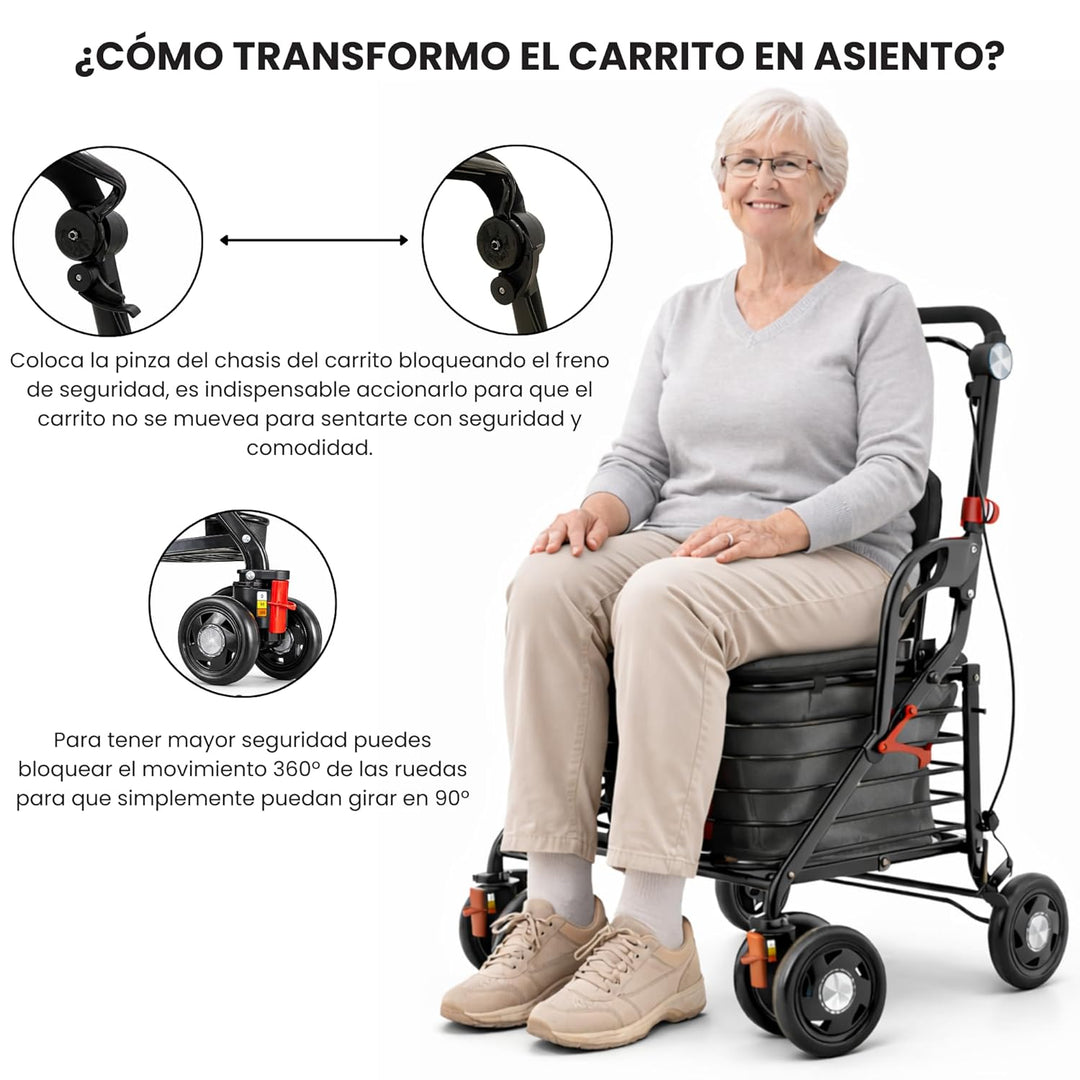 GARMOL Relax Einkaufstrolley mit gepolstertem Sitz, 30 l, faltbar, mit Handbremse und Sicherheit, Ve