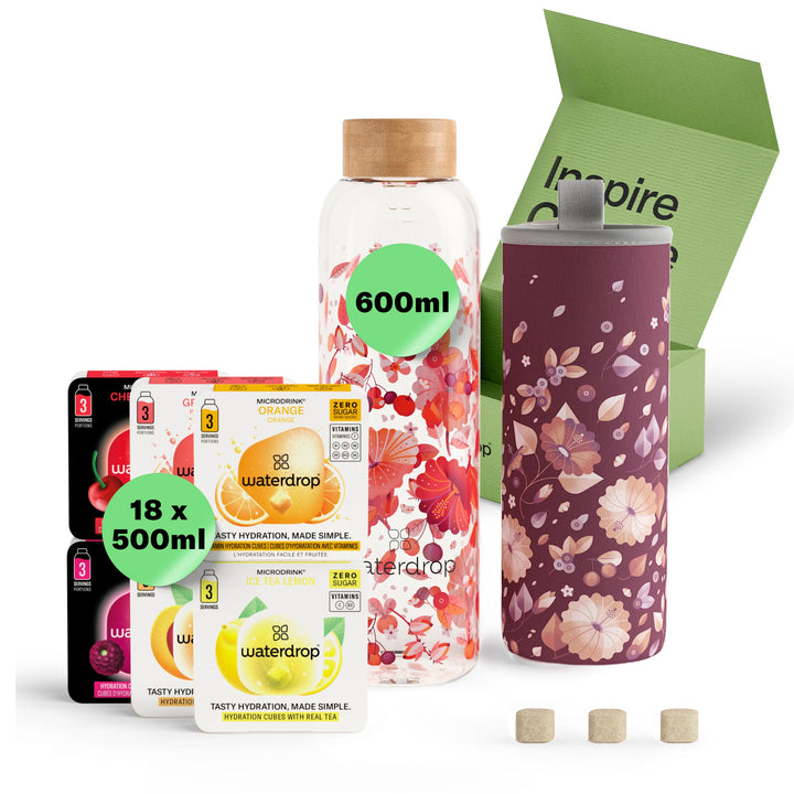 waterdrop® Flasche aus Glas 600ml inkl. 18 zuckerfreie Drops - Geschenk für Frauen - Probierpaket mi