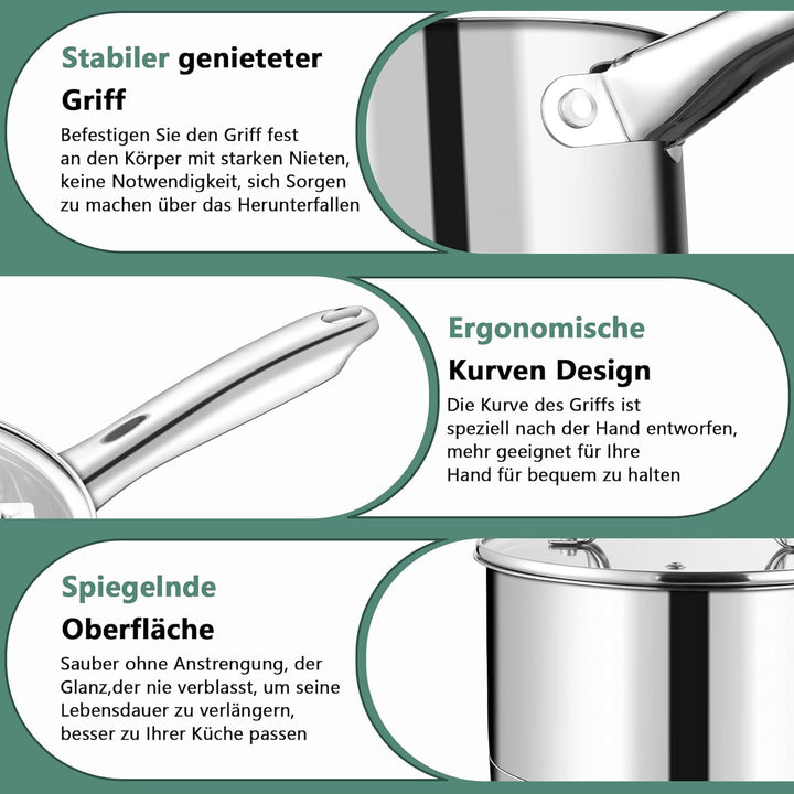 TEAMFAR Stielkasserolle 16cm, Edelstahl Milchtopf Kochtopf Induktion mit 3-Lagen Boden für alle Herd
