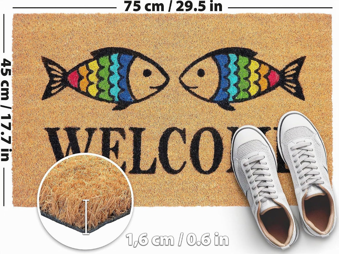BRUBAKER Fussmatte für Aussen und Innen - Welcome mit Regenbogen Fische - 45 x 75 cm Schmutzfangmatt
