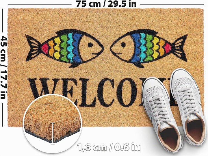BRUBAKER Fussmatte für Aussen und Innen - Welcome mit Regenbogen Fische - 45 x 75 cm Schmutzfangmatt