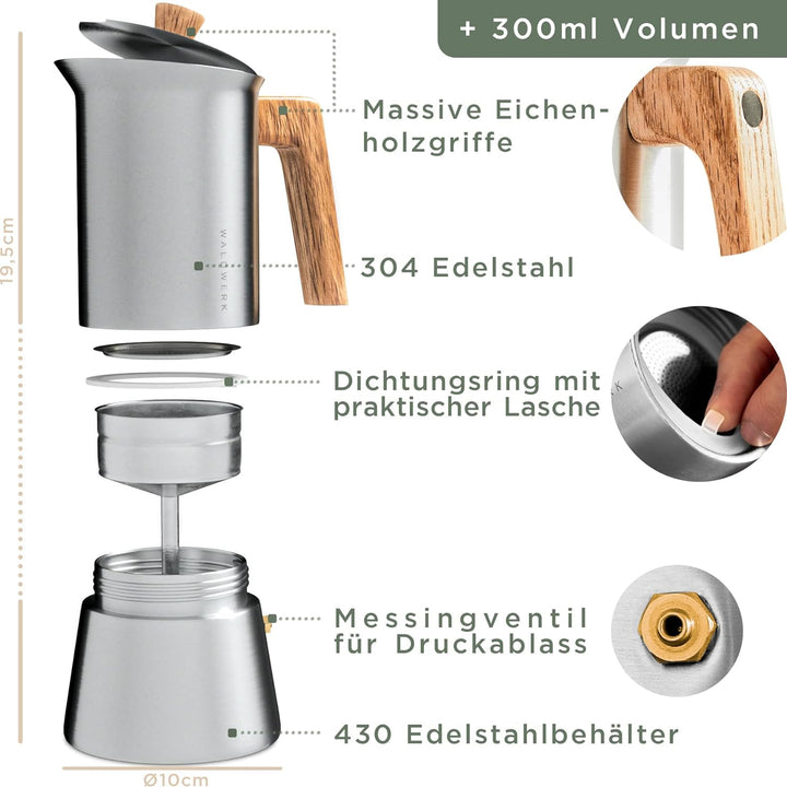 WALDWERK Espressokocher (300ml) - Espressokocher Induktion für alle Herdarten geeignet - Mokkakanne