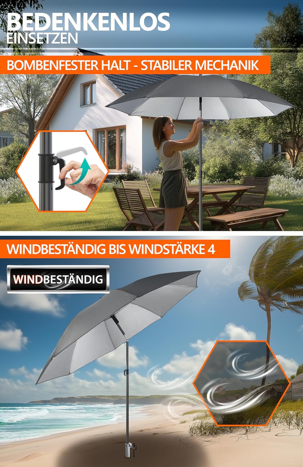 4smile Sonnenschirm Strand 3-IN-1-SET Ø 160 cm, Strandschirm Windfest Stabil mit Eindrehbodenhülse &