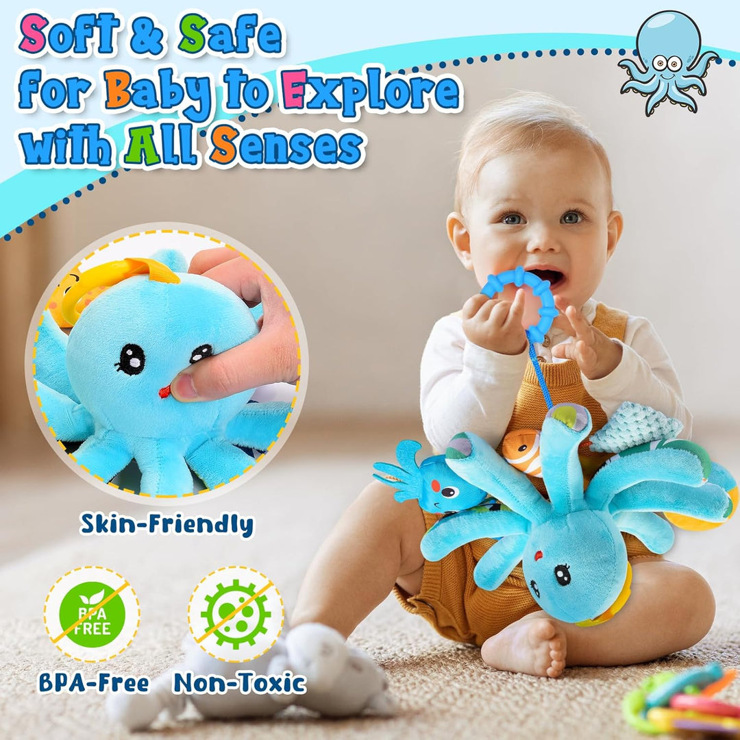 Plüsch Oktopus Baby Spielzeug 0-18 Monate – mit 8 hängenden Sensory-Spielzeugen & Spiegel– Baby Mont