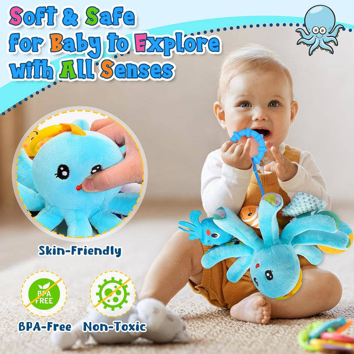Plüsch Oktopus Baby Spielzeug 0-18 Monate – mit 8 hängenden Sensory-Spielzeugen & Spiegel– Baby Mont