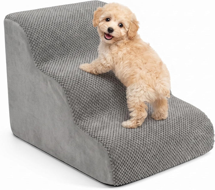 QWORK® Graue Hundetreppe, 3-Stufig, 60x40x40cm, Hochdichtem Schwamm, Abnehmbarem Waschbaren Hundetre