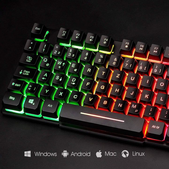 Mafiti Tastatur und Maus Set, Kabelgebundenes, LED Hintergrundbeleuchtung QWERTZ (DE-Layout), Regenb
