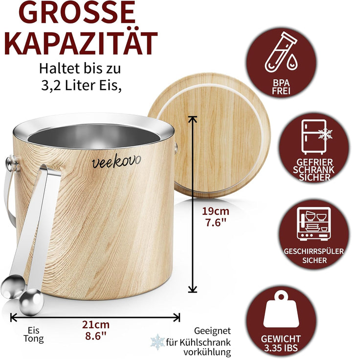 3.2L Eiswürfelbehälter mit Deckel und Schaufel, Edelstahl Eiskübel Doppelwandiger Isolierter, Eisbeh