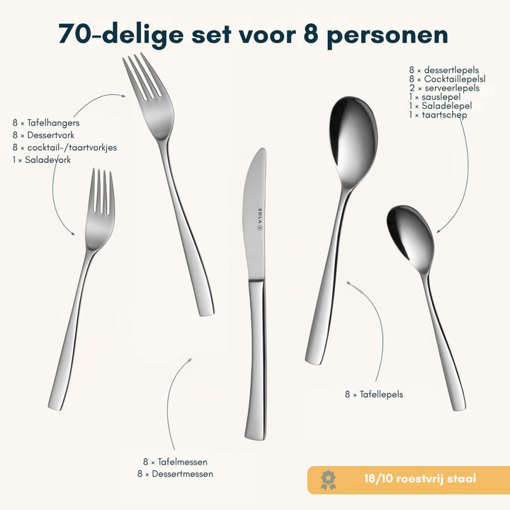 Sola Lotus Besteck Set - 8 Personen Essbesteck - 70 Teilig, 18/10 Rostfreiem Stahl - Robustes & Eleg