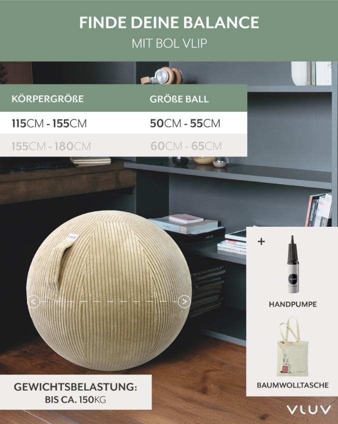 VLUV® BOL VLIP Sitzball Büro Ergonomisch [Atmungsaktiv mit Tragegriff und Wegrollschutz] Waschbarer