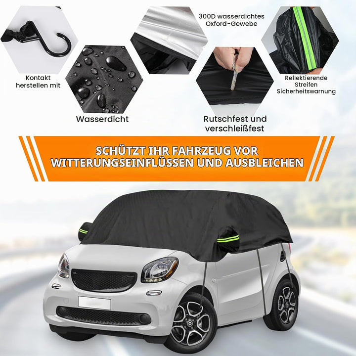 Halbgarage Autoabdeckung Wasserdicht Passend für Smart Fortwo 2006-2025, 300D Atmungsaktiv Autoplane