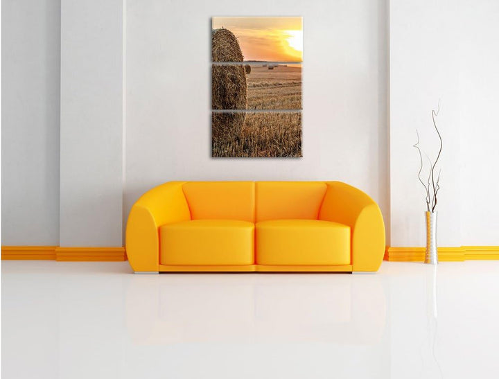 Pixxprint Strohballen auf Feld als Leinwandbild/Grösse: 3 Teilig (120x80) cm/Wandbild/Kunstdruck/fer
