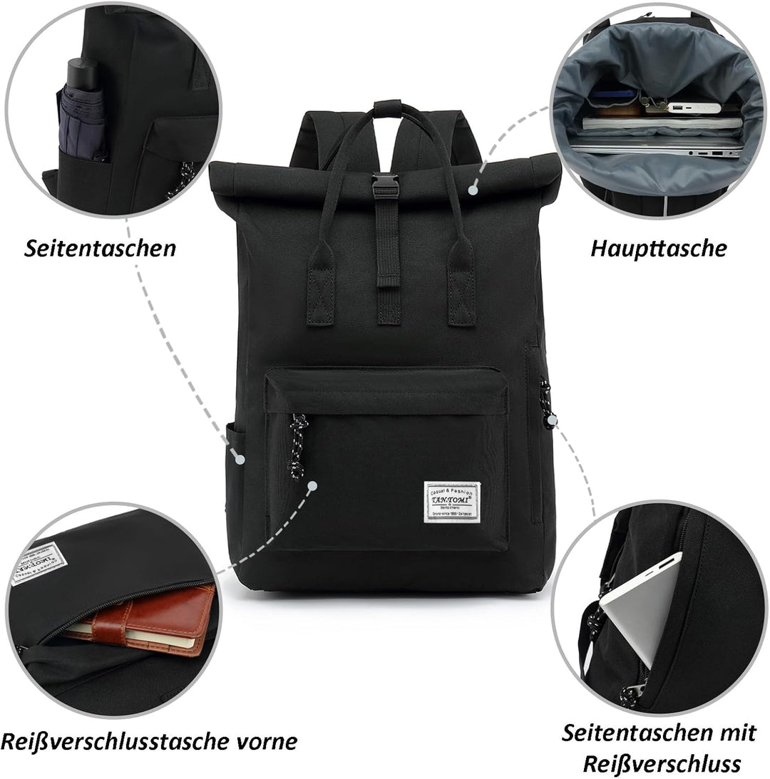 TANTOMI Laptop Rucksack, Rucksack Laptop Tasche 15,6 Zoll, Rucksack Damen und Herren weit öffenbar,