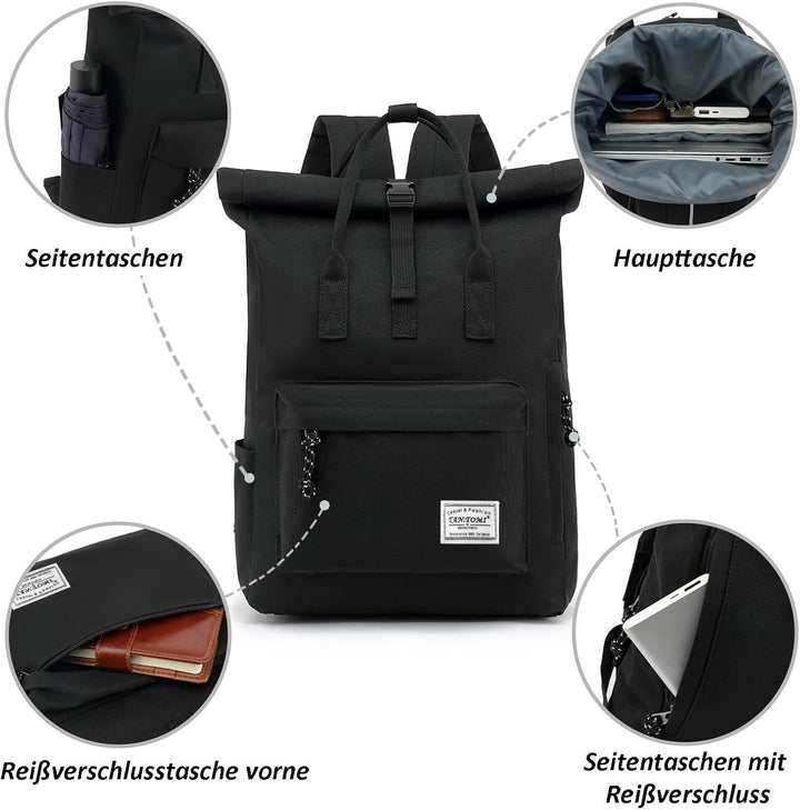 TANTOMI Laptop Rucksack, Rucksack Laptop Tasche 15,6 Zoll, Rucksack Damen und Herren weit öffenbar,