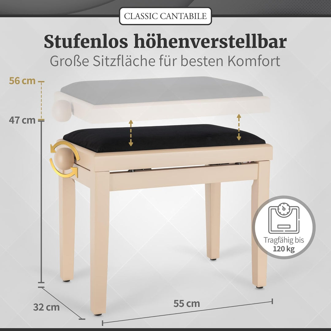 Classic Cantabile Pianobank LA matt - Höhenverstellbar von 47-56 cm - Spindelmechanik - Sitzfläche 5
