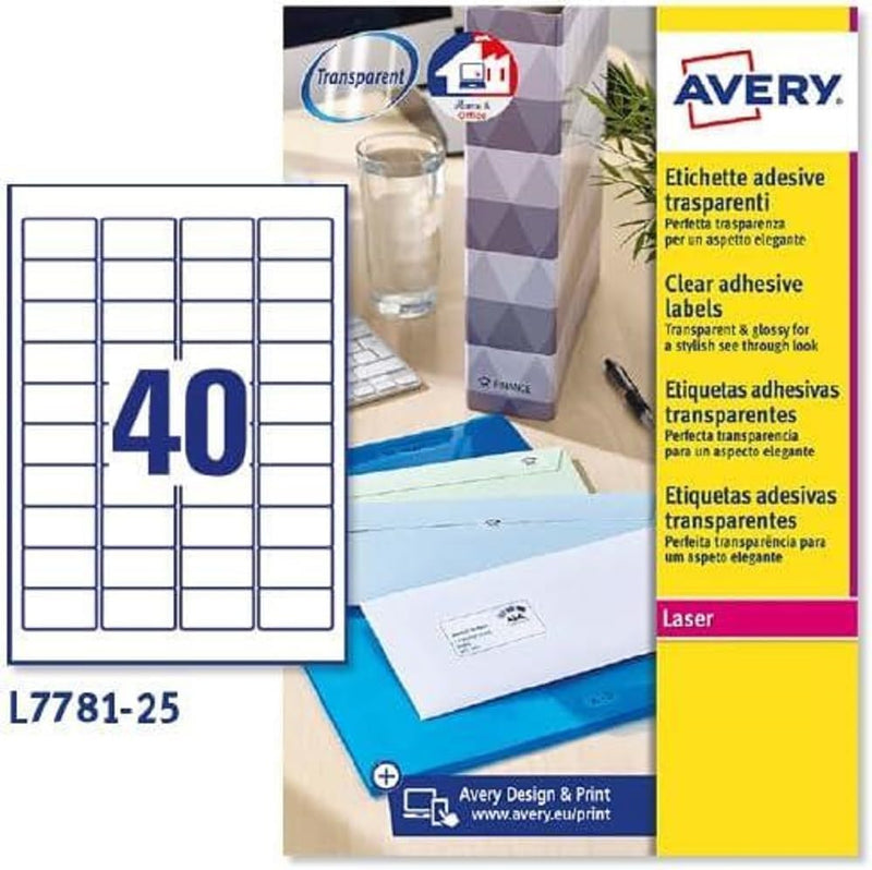 Avery Kristallklare Etiketten für Laserdrucker langlebig 40 pro Blatt 45,7 x 25,4 mm 1000 Stück tran