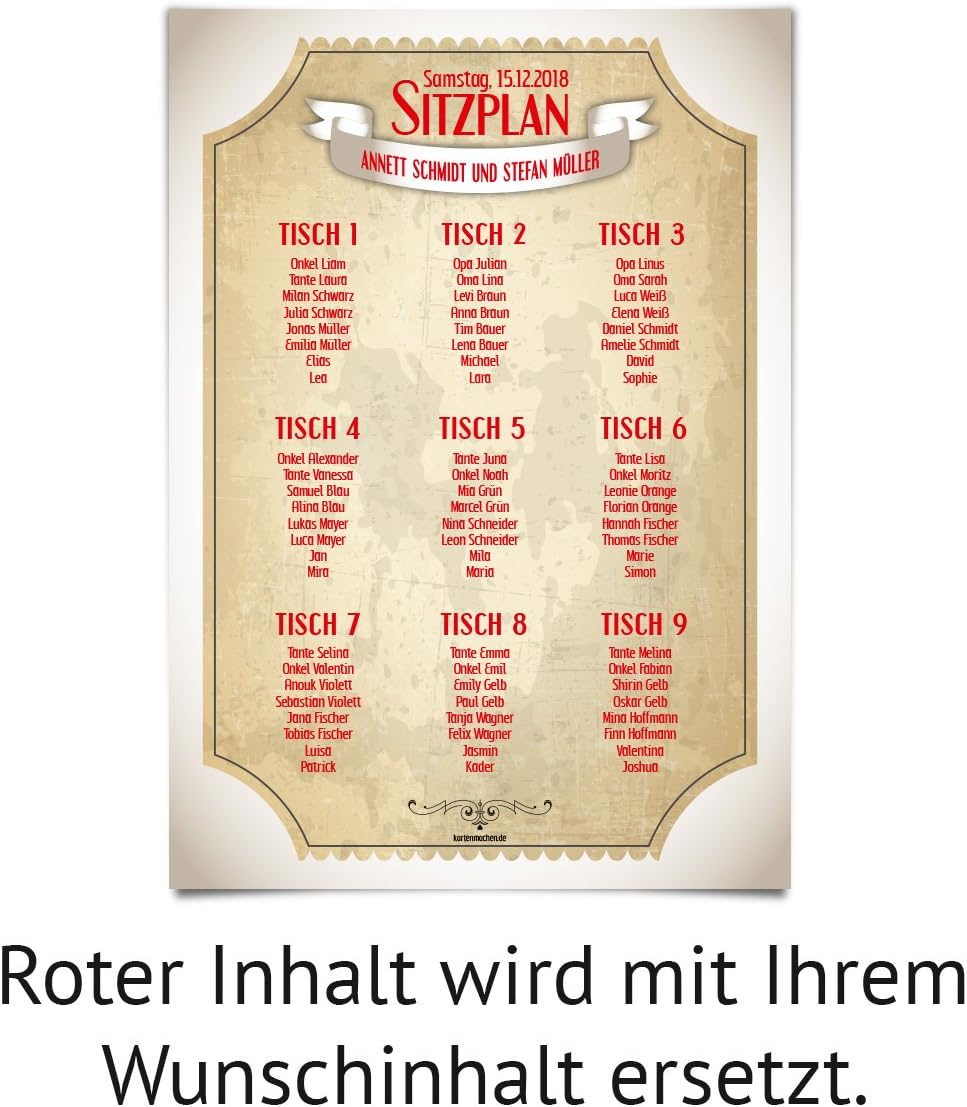 Hochzeit Sitzplan Plakat Sitzordnung individuell - Vintage Brautpaar in Weiss 1 Stück Weiss, 1 St&#x