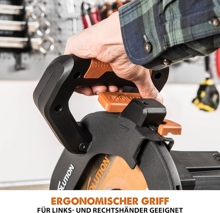 Evolution (R185SMS+) 185mm Gehrungssäge mit Universalschnitt - 45° Fase, 50° Gehrung - Laserführung