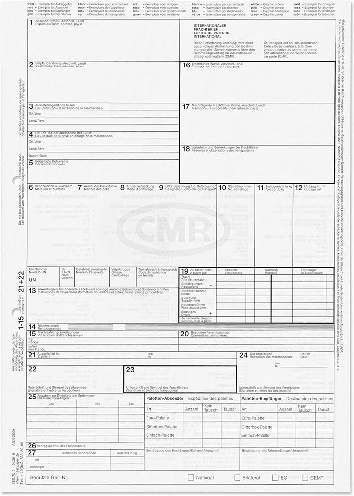 mashpaper CMR-Frachtbrief international selbstdurchschreibend 200 Stück Einzelsatz 280701, 200 Stück