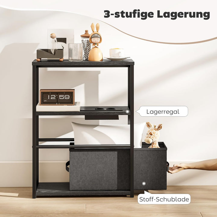HOMCOM Beistelltisch schmal mit Steckdosenleiste USB &amp; Type-C, Nachttisch mit 2 Ablage, Stoffschubla