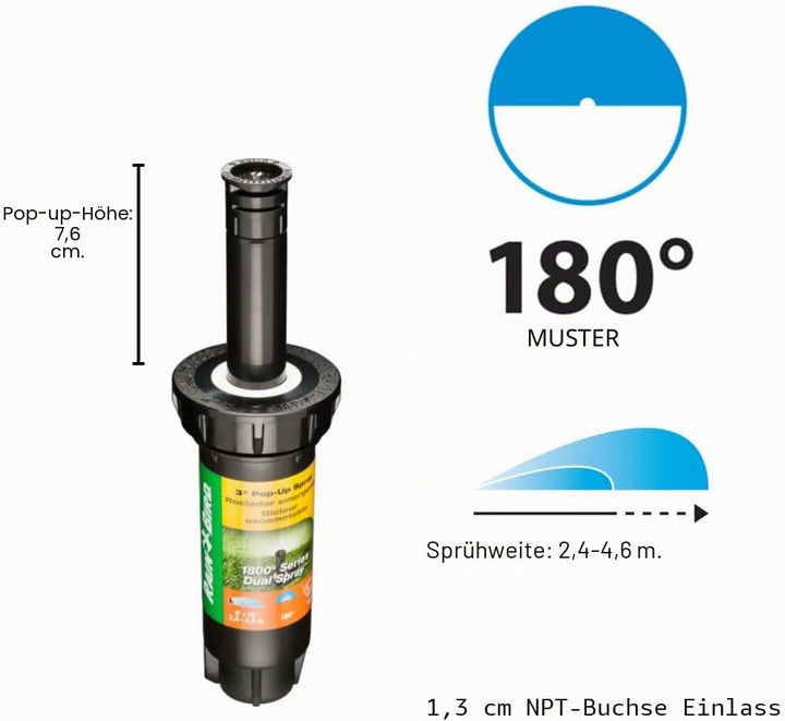 Rain Bird 1803DSH4PK Professioneller Dual-Sprüh-Pop-Up-Sprinkler, 180° Halbkreismuster, 2,4 m - 4,1